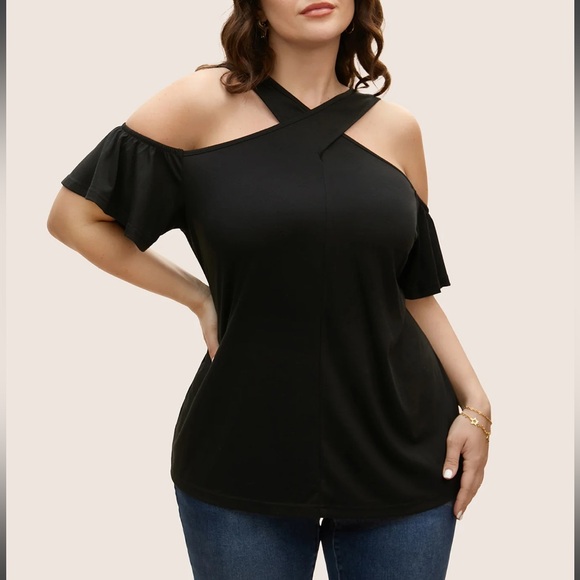 BloomChic Tops - Bloomchic Solid Overlap Collar Ruffle Sleeve T-Shirt